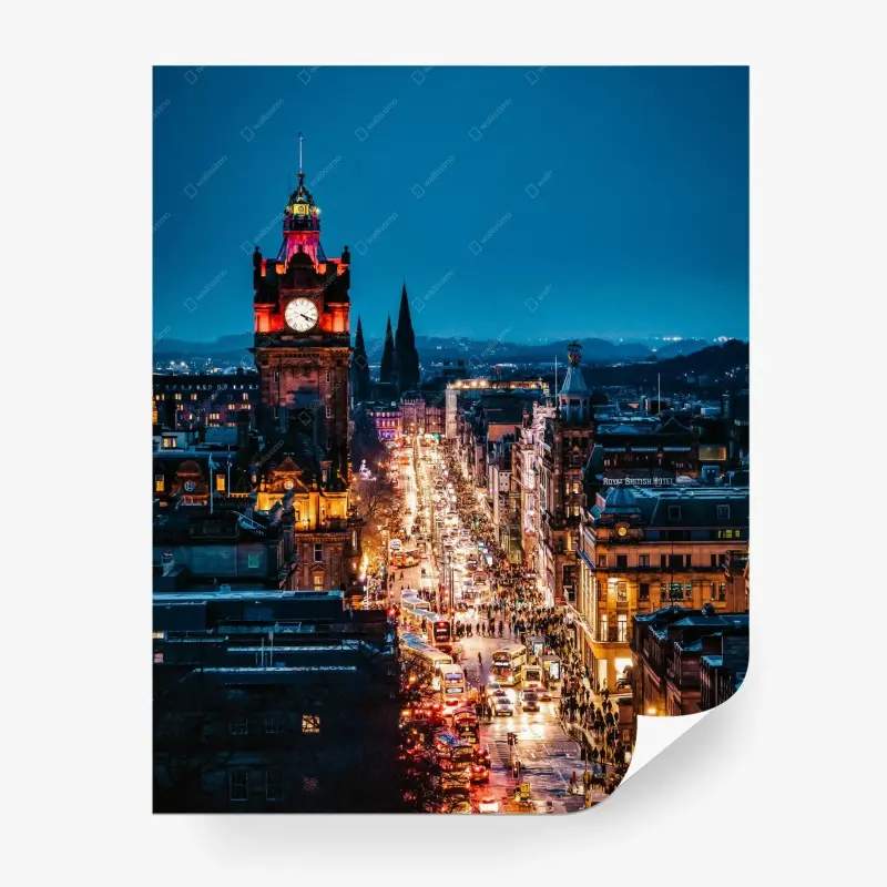 Fototapete Edinburgh nächtliche stadtszene mit uhrturm
