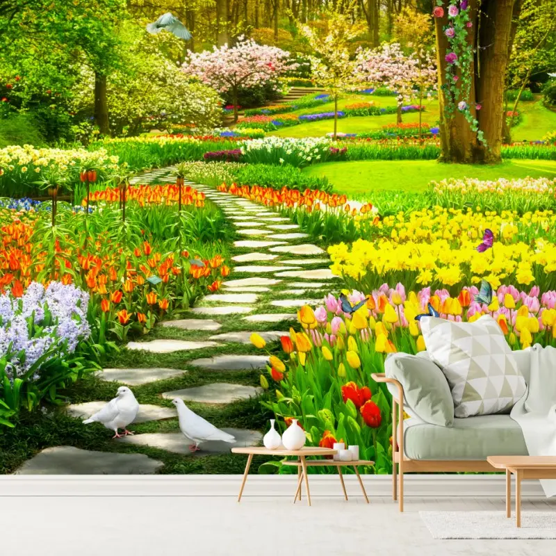 Fototapete frühlingsgarten mit bunten tulpen und geschwungenem weg