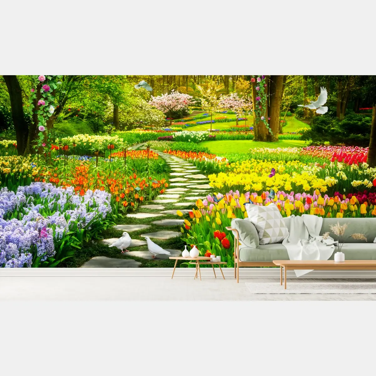 Fototapete frühlingsgarten mit bunten tulpen und geschwungenem weg – Pixers®