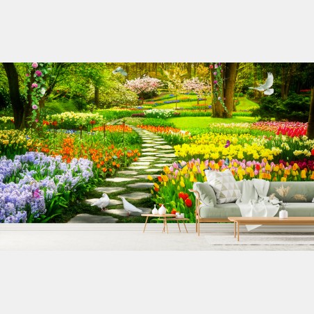 Fototapete frühlingsgarten mit bunten tulpen und geschwungenem weg – Pixers®