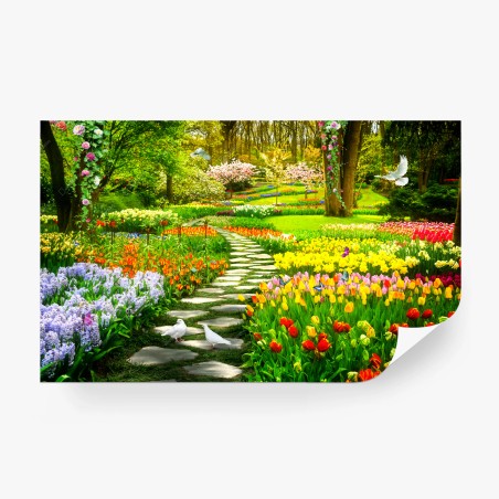 Fototapete frühlingsgarten mit bunten tulpen und geschwungenem weg – Pixers®