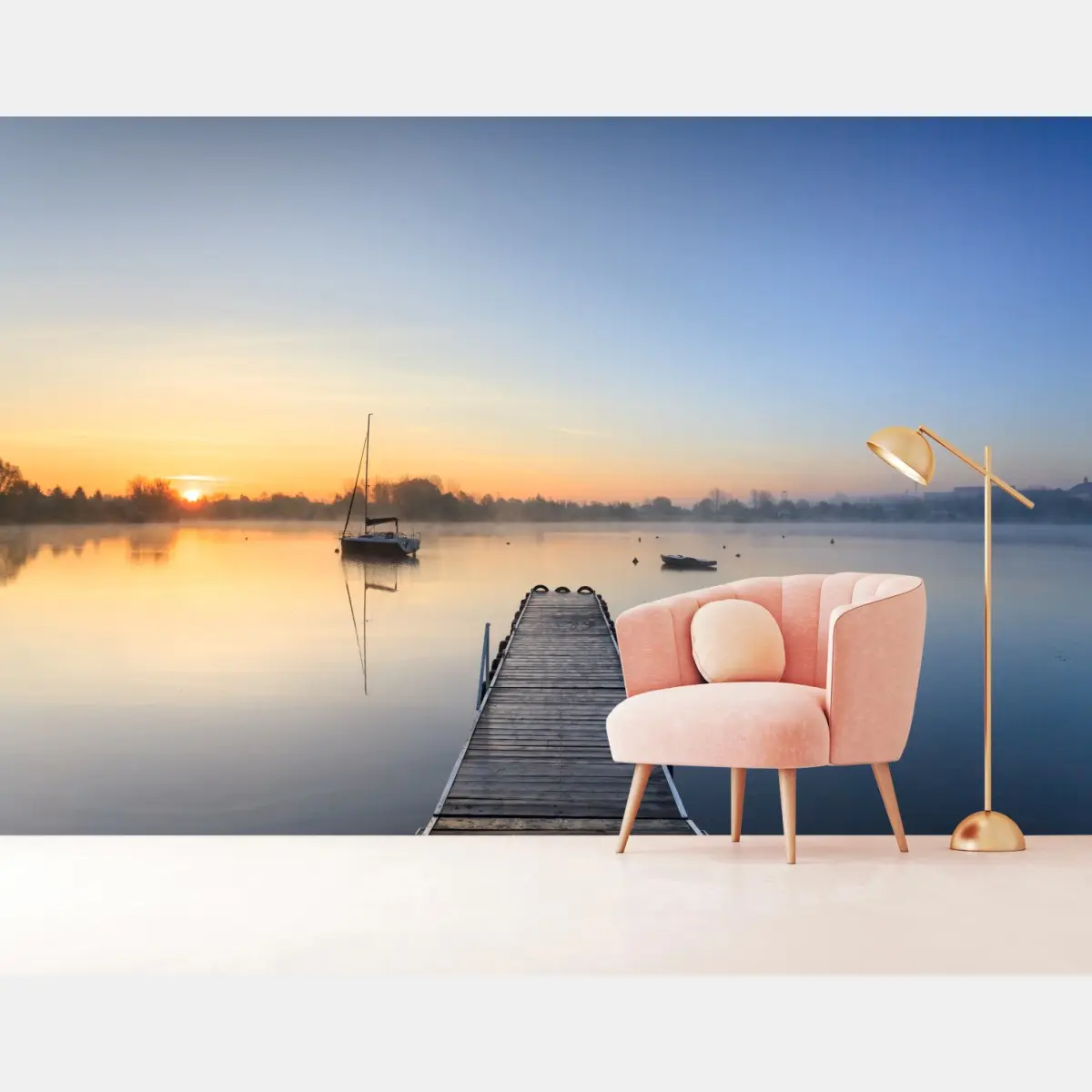 Fototapete ruhiger sonnenaufgang über nebligem see – Pixers®