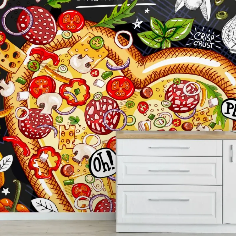 Fototapete herzförmige pizza kreidetafel illustration