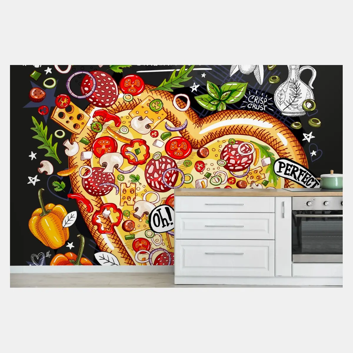 Fototapete herzförmige pizza kreidetafel illustration – Pixers®