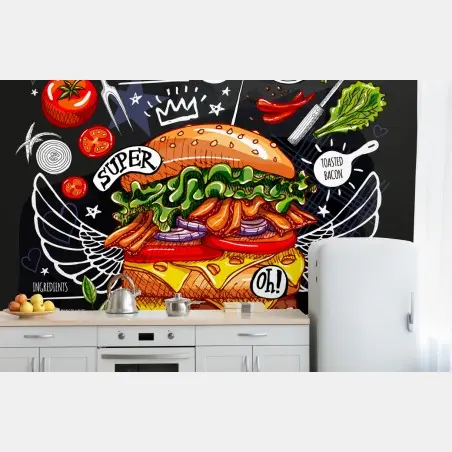 Fototapete gourmet-burger im kreidetafel-stil – Pixers®