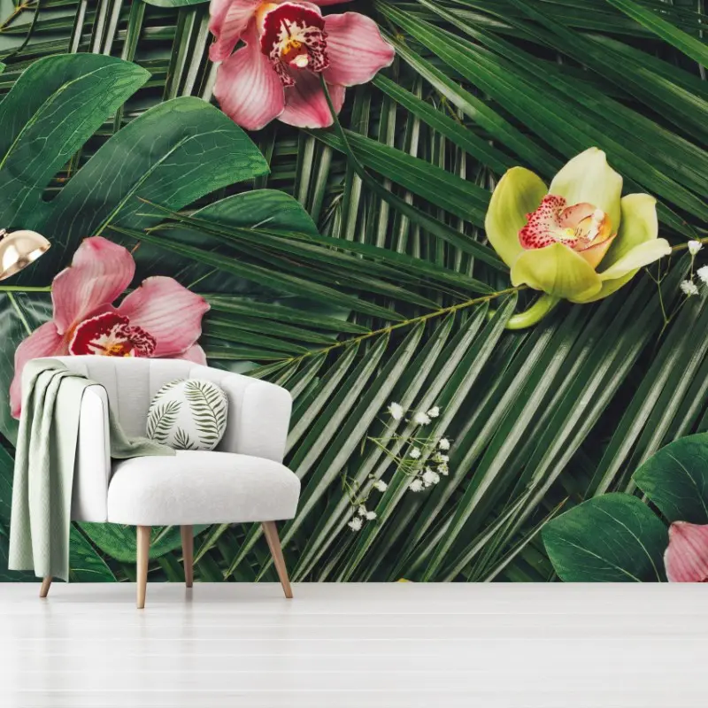 Fototapete tropisches orchideen- und monstera-motiv