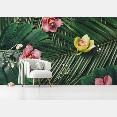 Fototapete tropisches orchideen- und monstera-motiv – Pixers®