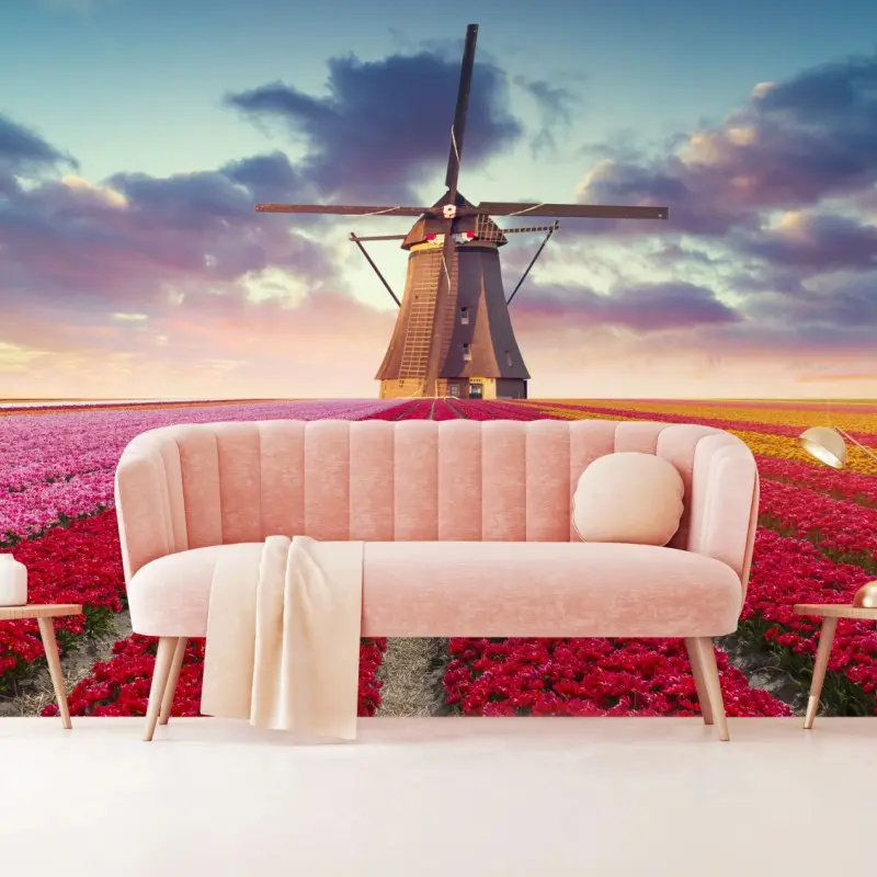 Fototapete tulpenfelder bei sonnenuntergang