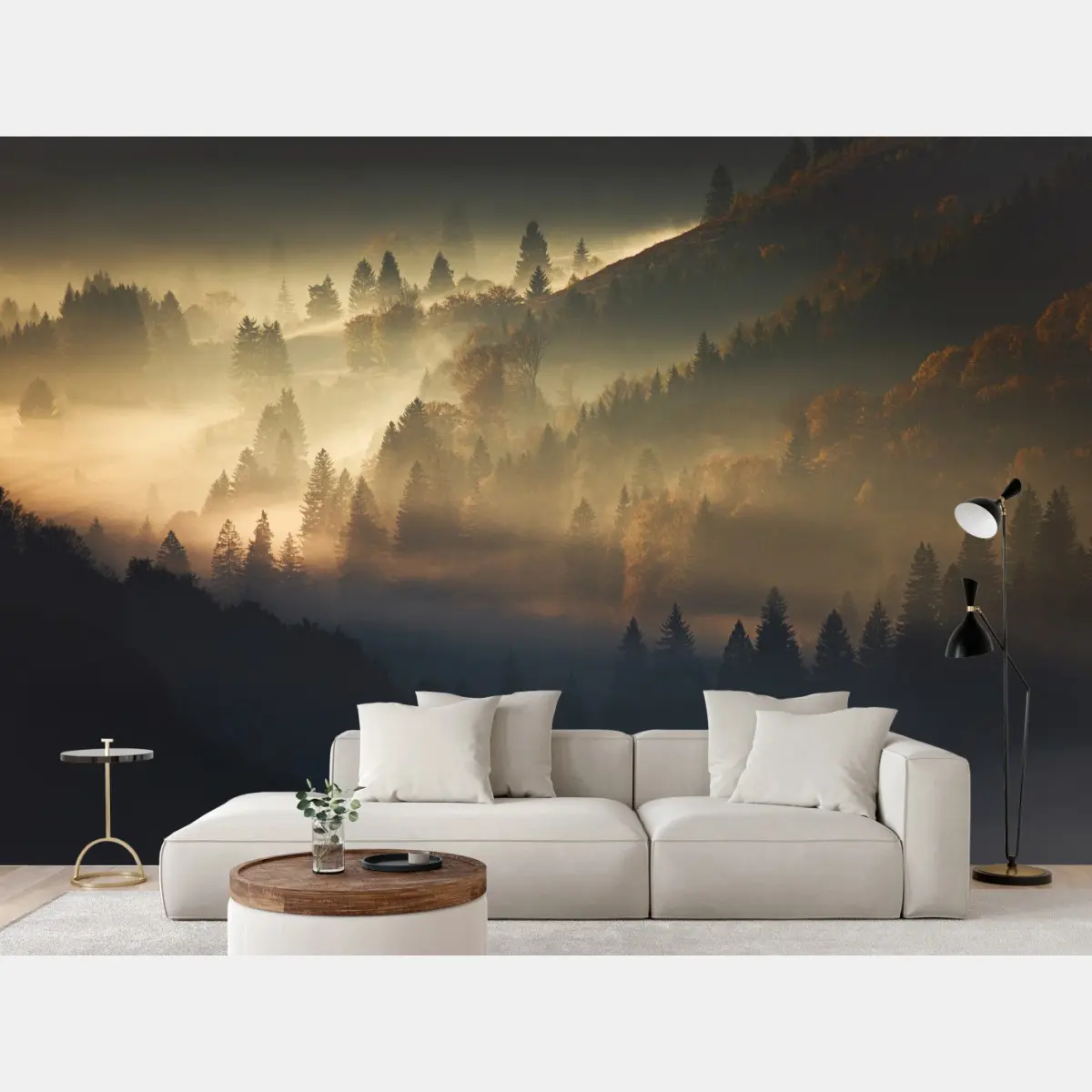 Fototapete goldener nebel über bergwald – Pixers®