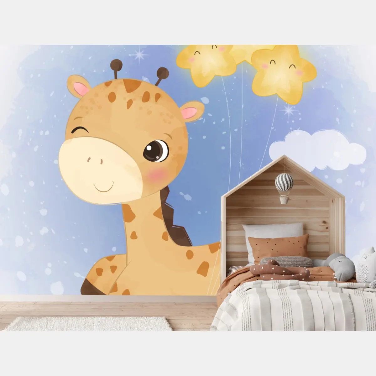 Fototapete lächelnde giraffe mit sternenballons – Pixers®