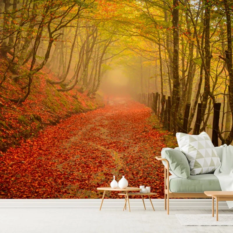 Fototapete herbstlicher waldweg unter goldenem blätterdach