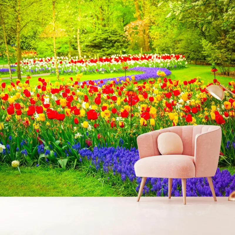 Fototapete bunter frühlings-tulpengarten