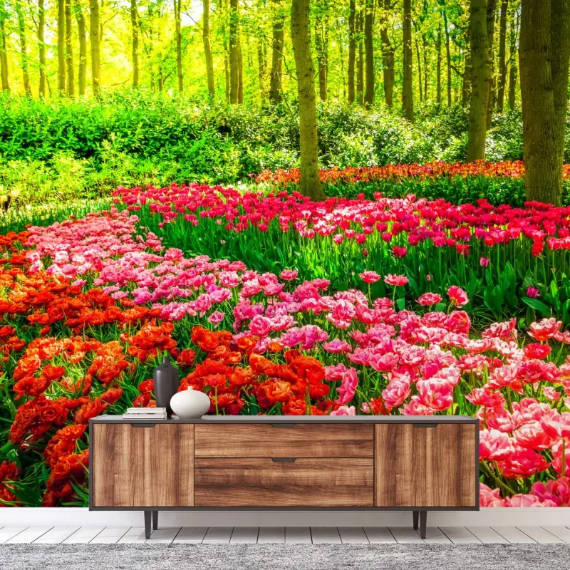 Fototapete lebendiger tulpengarten in voller blüte