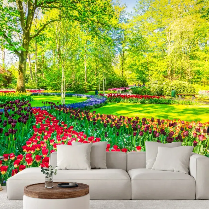 Fototapete lebendiger tulpengarten im frühling