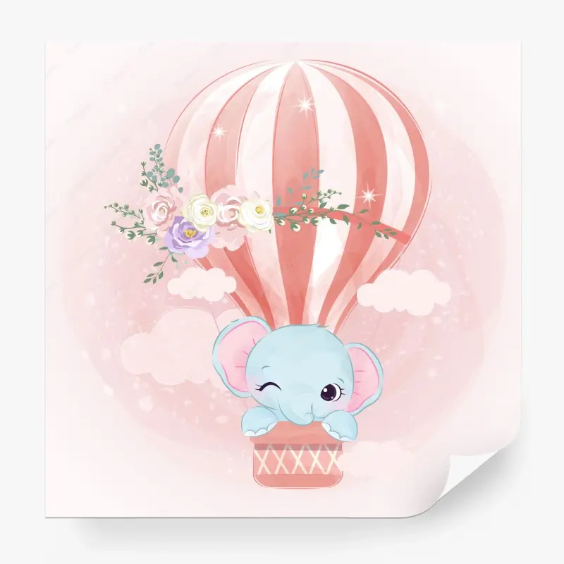 Fototapete süßer elefant im rosa heißluftballon