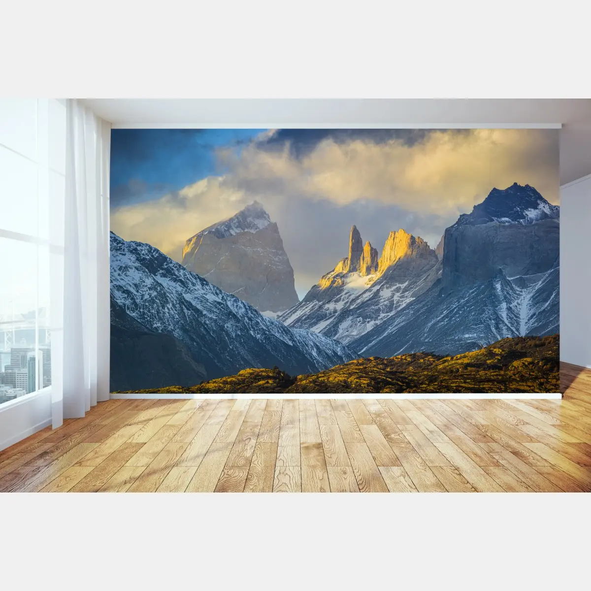 Fototapete goldener sonnenaufgang über berggipfeln – Pixers®