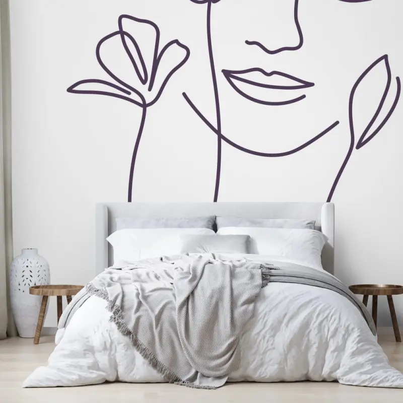 Fototapete delikate linienzeichnung gesicht mit blumen