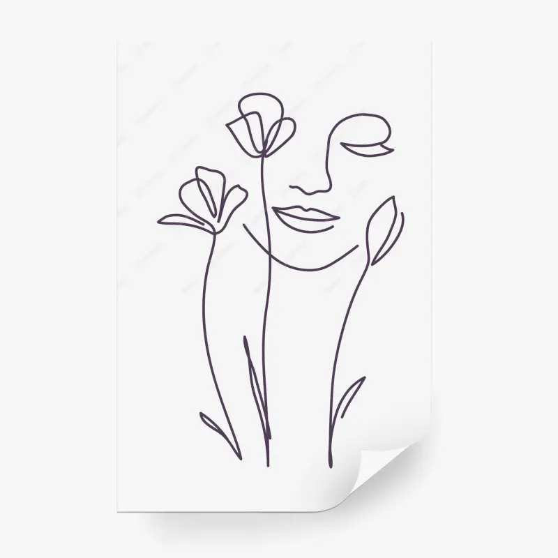 Fototapete delikate linienzeichnung gesicht mit blumen