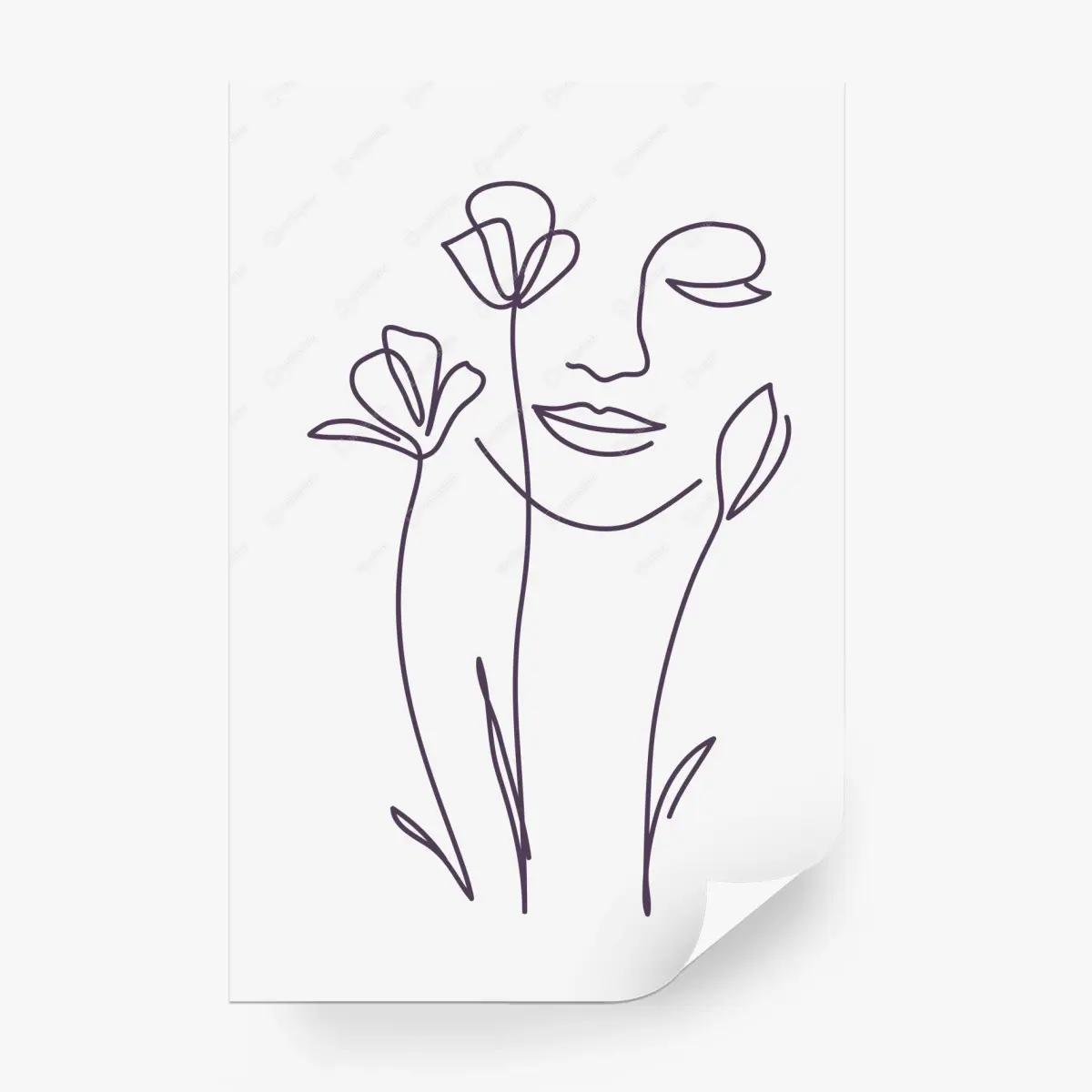 Fototapete delikate linienzeichnung gesicht mit blumen – Pixers®