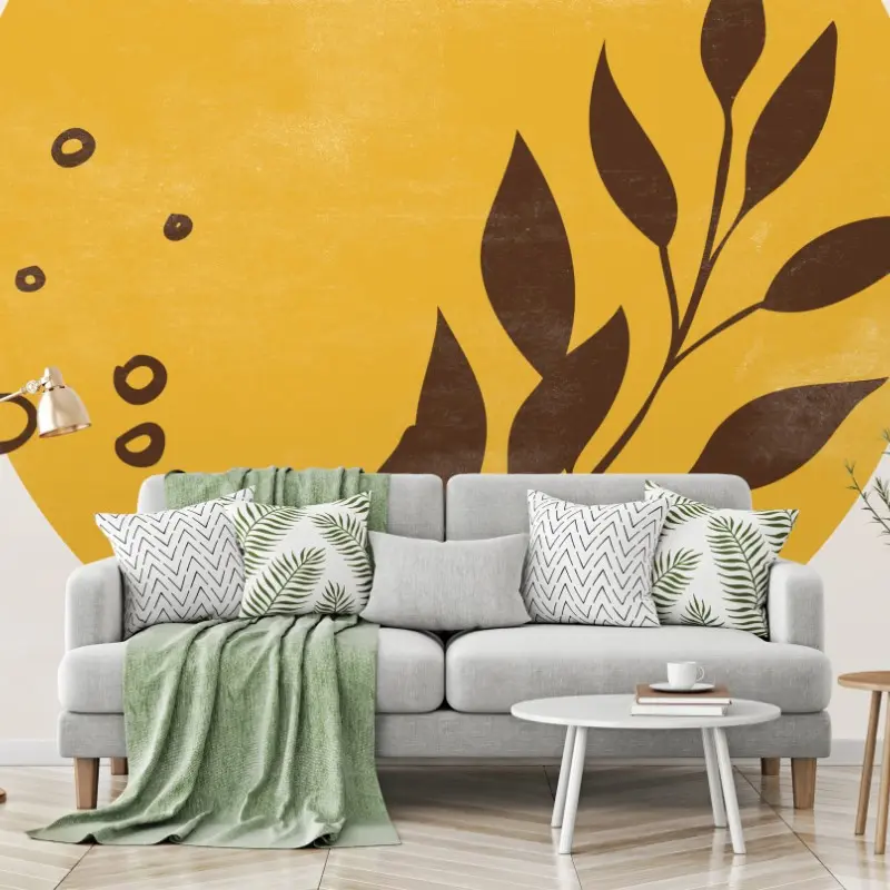 Fototapete botanisches sonnen- und blattmotiv im minimalistischen boho-stil