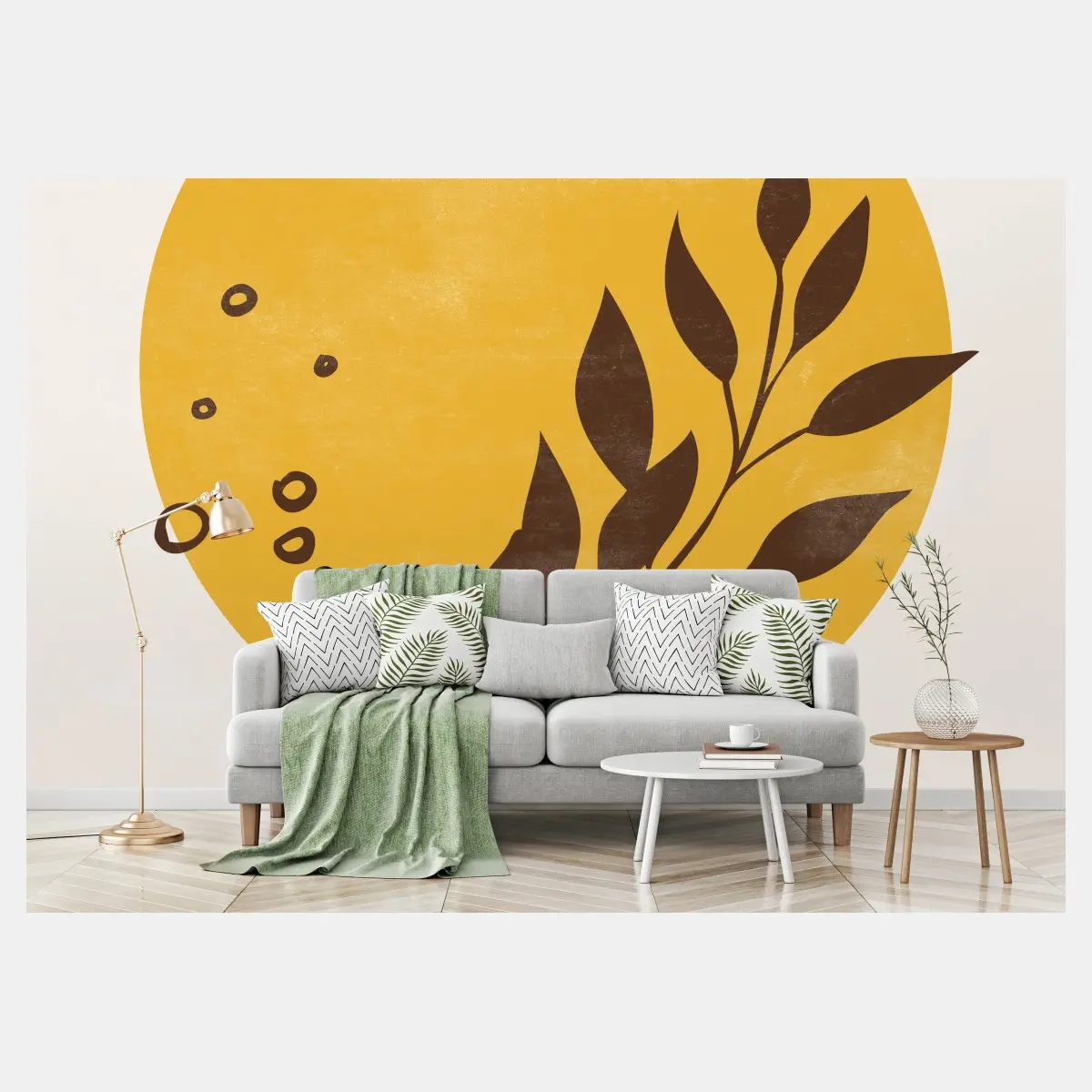 Fototapete botanisches sonnen- und blattmotiv im minimalistischen boho-stil – Pixers®
