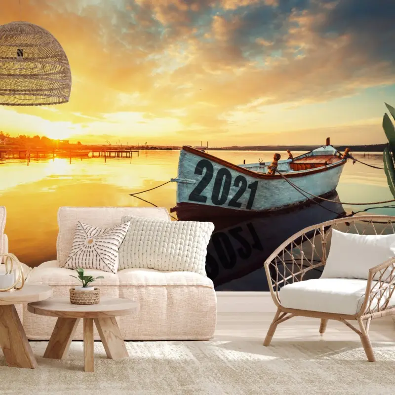 Fototapete sonnenuntergangsboot mit spiegelung auf dem Varna-see