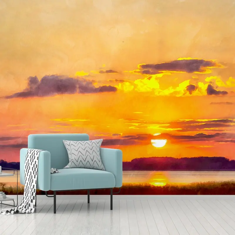 Fototapete goldener sonnenuntergang am see aquarell