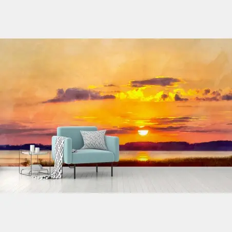 Fototapete goldener sonnenuntergang am see aquarell – Pixers®