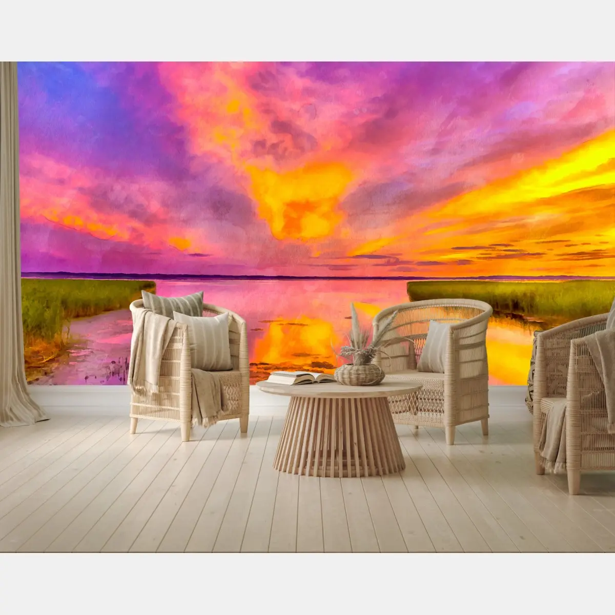 Fototapete lebendiger sonnenuntergang über den marschen in aquarell – Pixers®