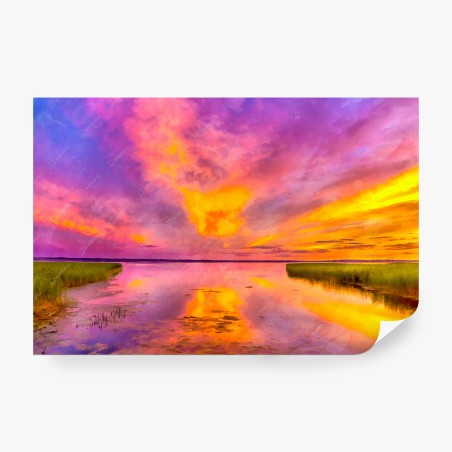 Fototapete lebendiger sonnenuntergang über den marschen in aquarell – Pixers®