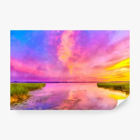Fototapete leuchtender aquarellsonnenuntergang über dem marschland – Pixers®