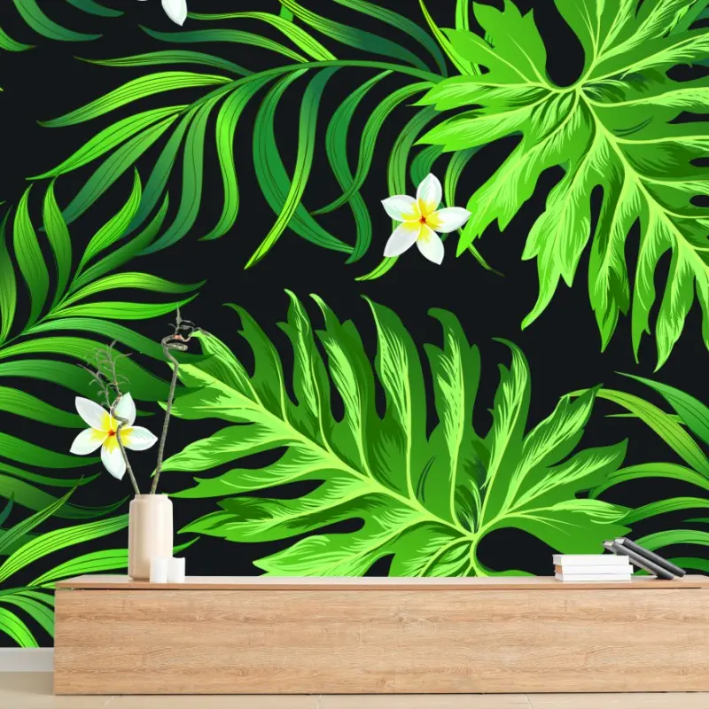 Fototapete prächtige tropische blätter mit weißen plumeria-blüten