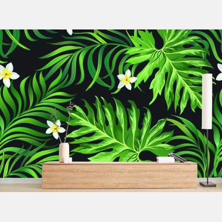 Fototapete prächtige tropische blätter mit weißen plumeria-blüten – Pixers®
