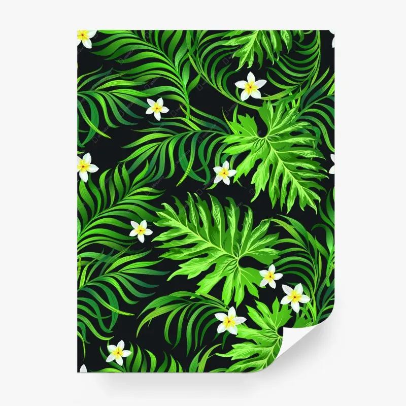 Fototapete prächtige tropische blätter mit weißen plumeria-blüten