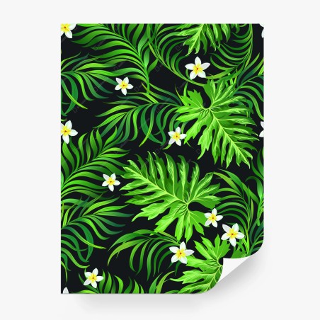 Fototapete prächtige tropische blätter mit weißen plumeria-blüten – Pixers®