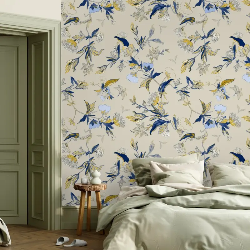 Fototapete zarter blauer blumenornament auf cremefarbenem hintergrund