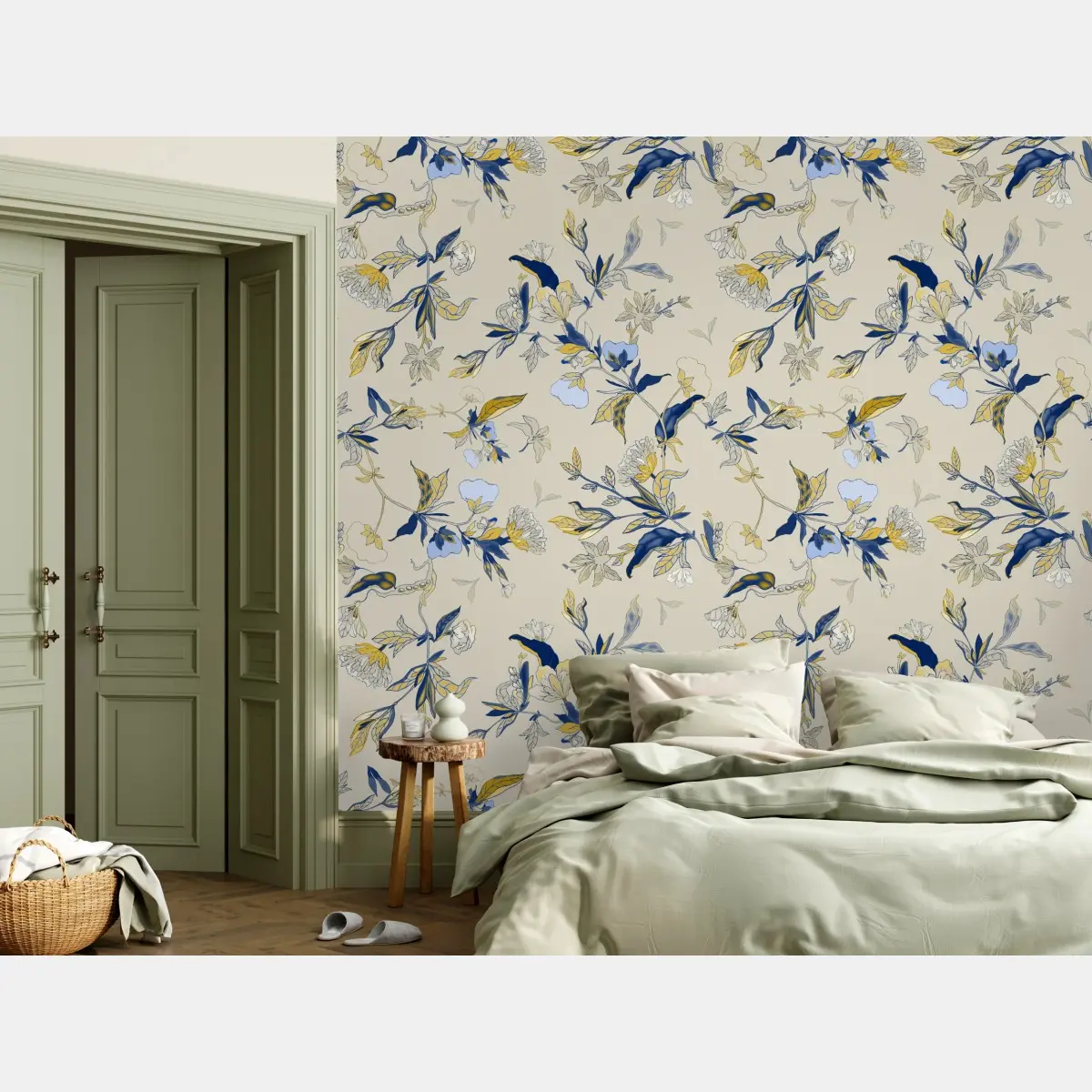 Fototapete zarter blauer blumenornament auf cremefarbenem hintergrund – Pixers®