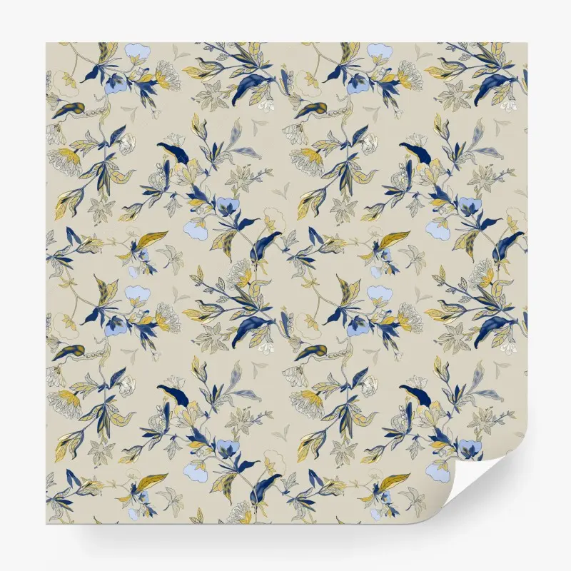 Fototapete zarter blauer blumenornament auf cremefarbenem hintergrund