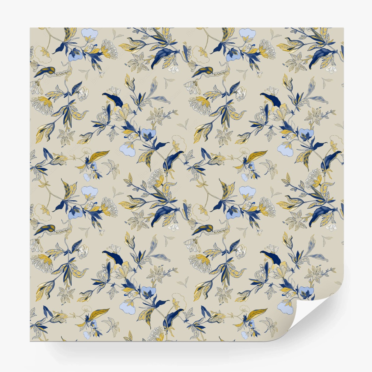 Fototapete zarter blauer blumenornament auf cremefarbenem hintergrund – Pixers®