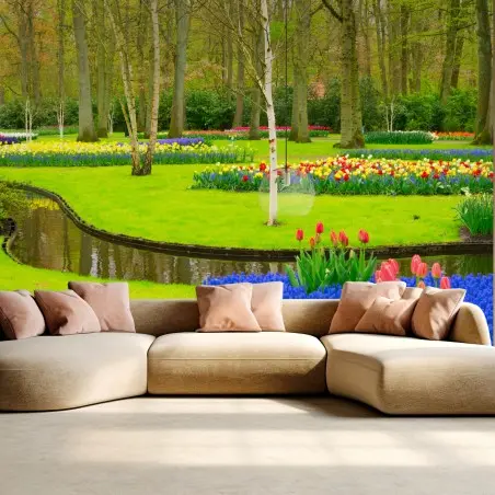 Fototapete frühlingsgarten mit tulpen