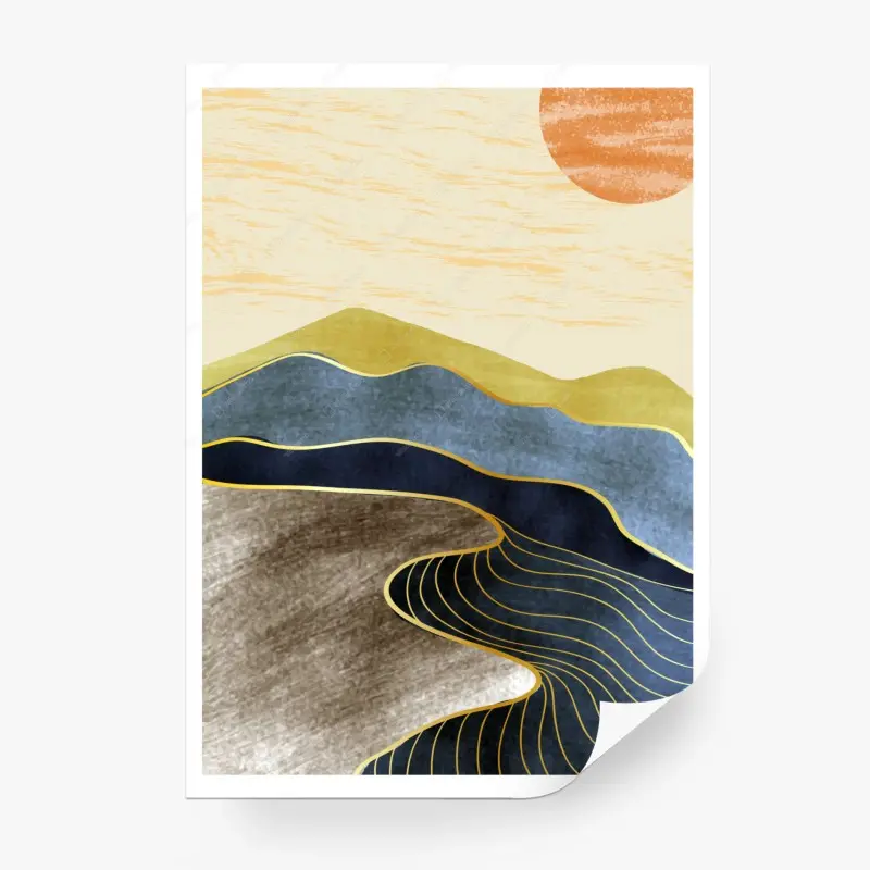 Fototapete minimalistische abstrakte gebirgslandschaft mit sonne