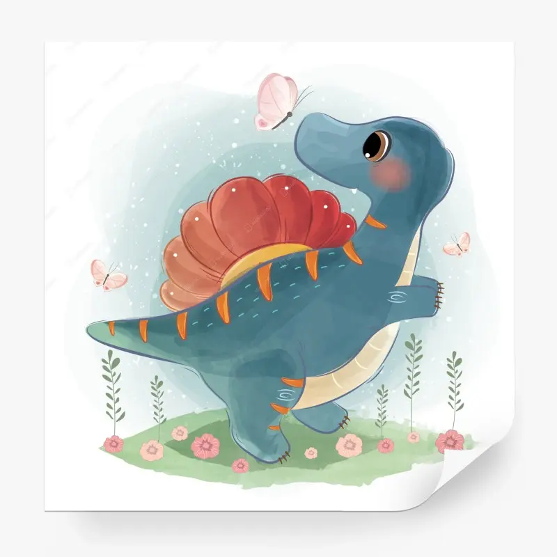 Fototapete verspielter türkisfarbener dinosaurier mit schmetterlingen