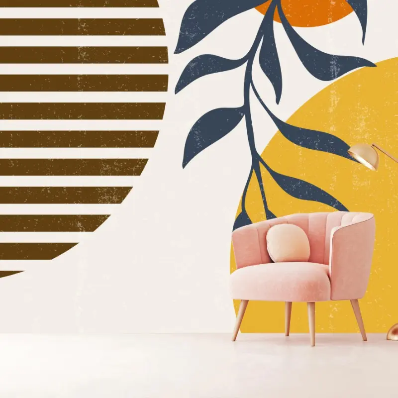 Fototapete boho abstrakter poster mit sonne und blättern