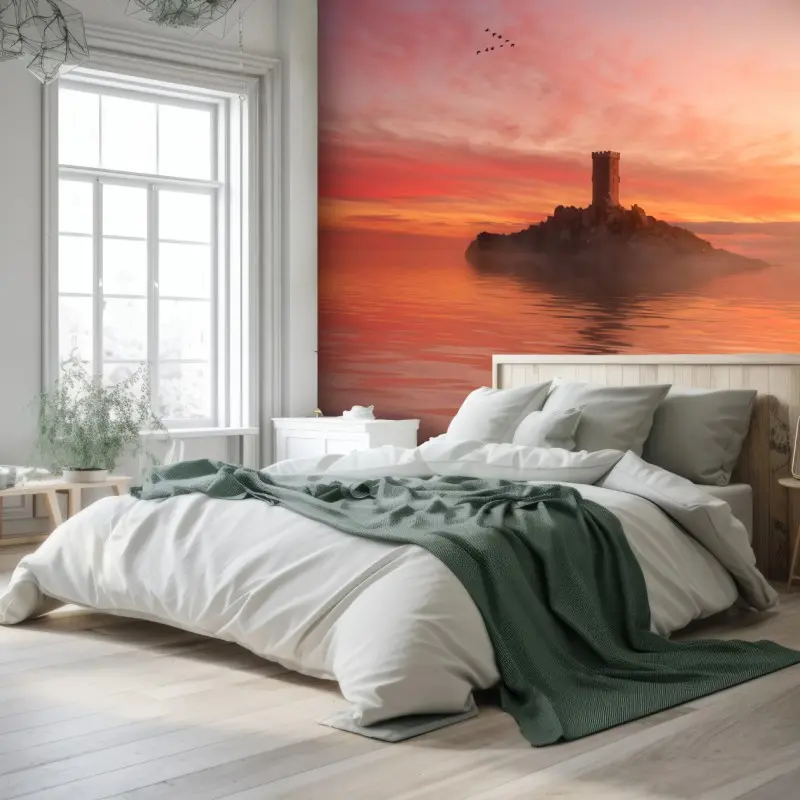 Fototapete einsamer turm auf einer pastellfarbenen insel bei sonnenuntergang