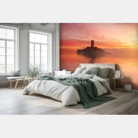 Fototapete einsamer turm auf einer pastellfarbenen insel bei sonnenuntergang – Pixers®