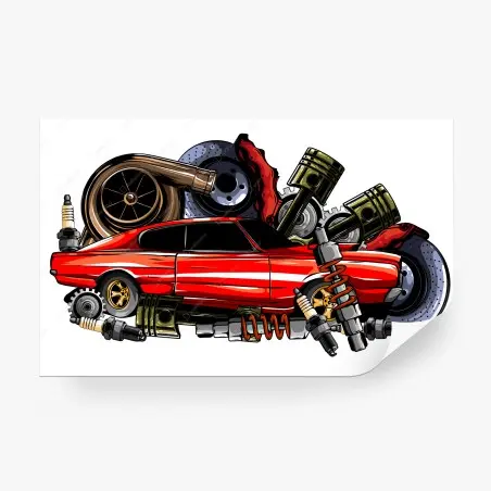 Fototapete roter sportwagen mit motorteilen – Pixers®