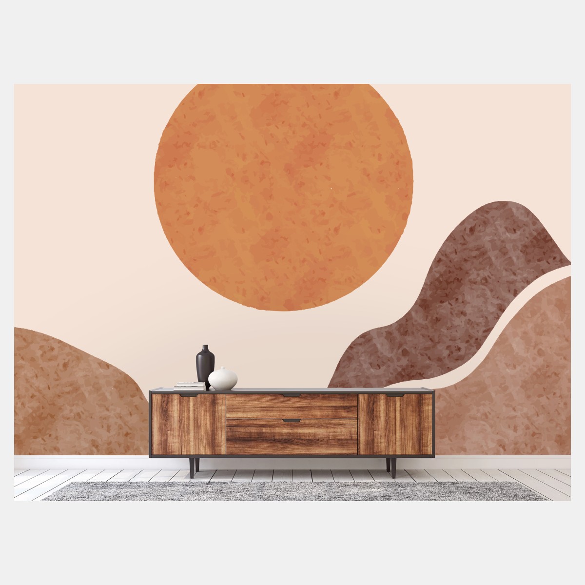 Fototapete erdiges minimalistisches landschaftsbild mit sonne – Pixers®