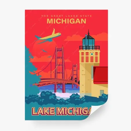 Fototapete lake Michigan retro reiseplakat – Pixers®