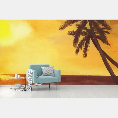 Fototapete goldener tropischer sonnenuntergang aquarell – Pixers®