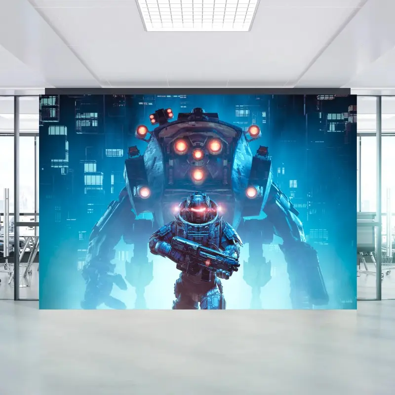 Fototapete futuristischer mech und soldat in neonstadt